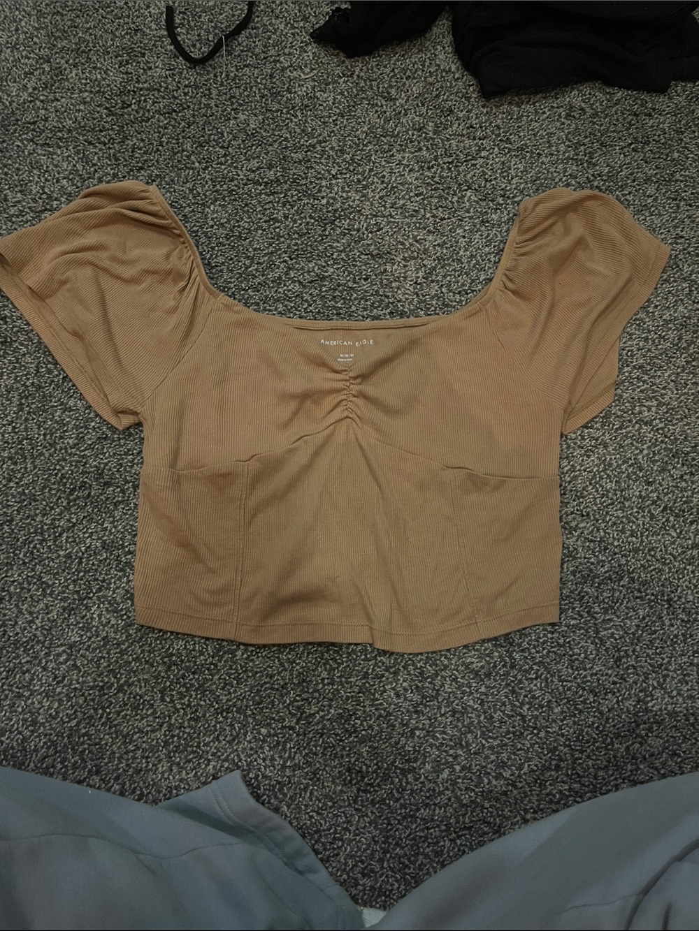 American Eagle Outfitters Tan Scoop Neck Puff Sleeve Crop Top